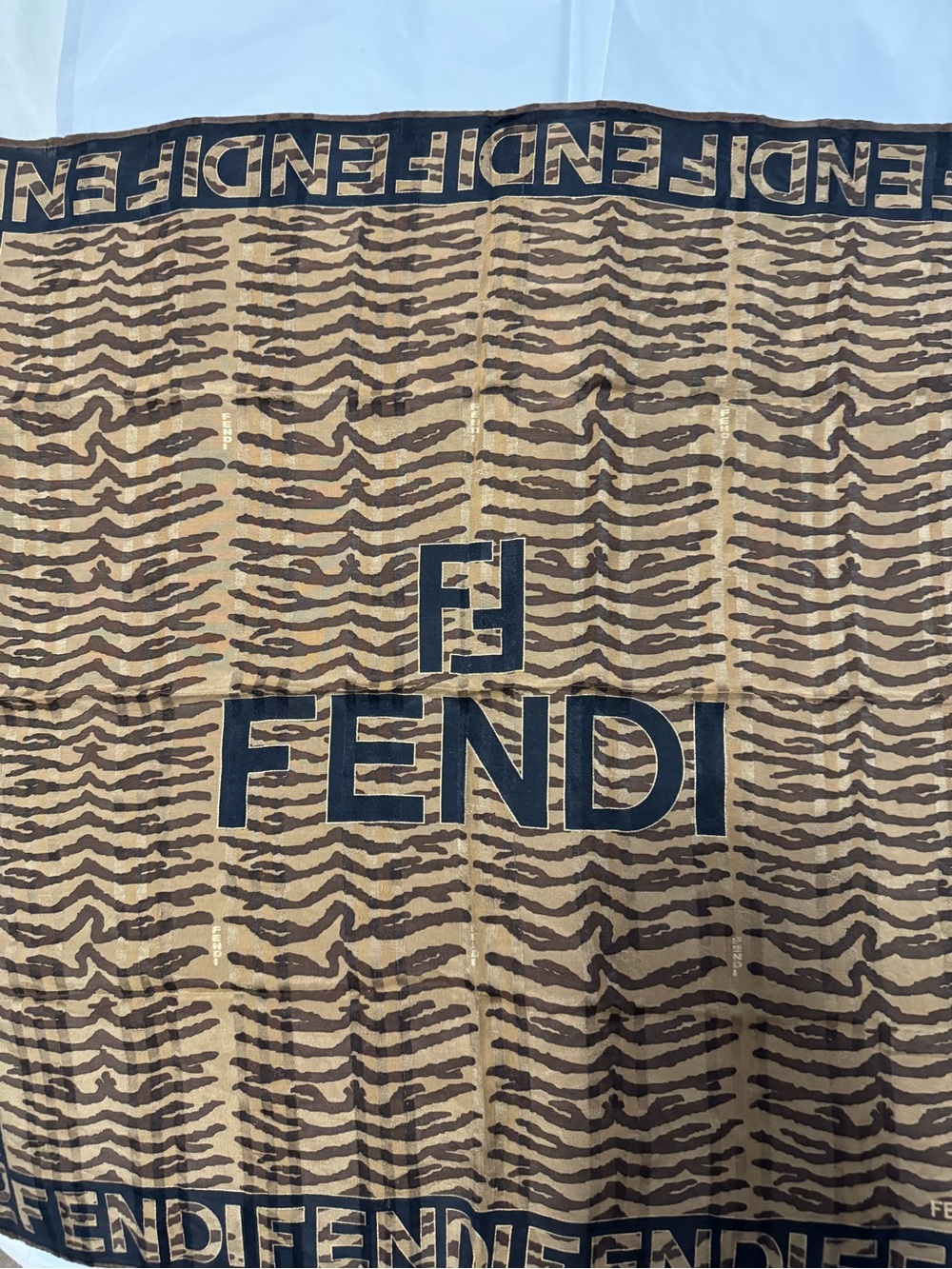 Fendi AUTHENTIC Vintage Logo FF Monogram Brown Black Zebra Small Scarf - Picture 4 of 16